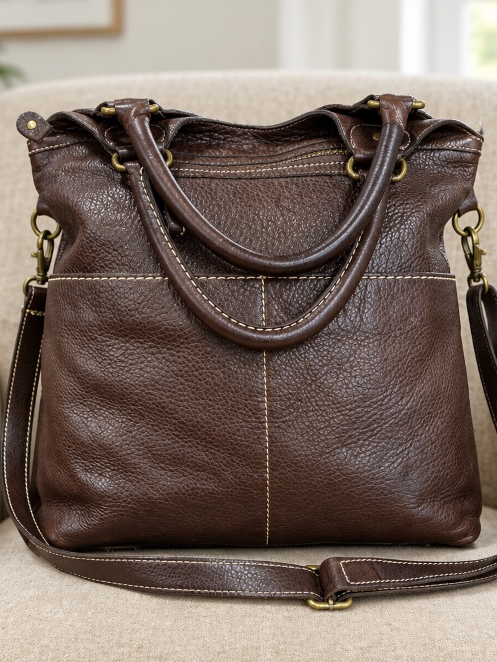 Roots Dark Brown Pebbled Leather Tote with Shoulder Strap